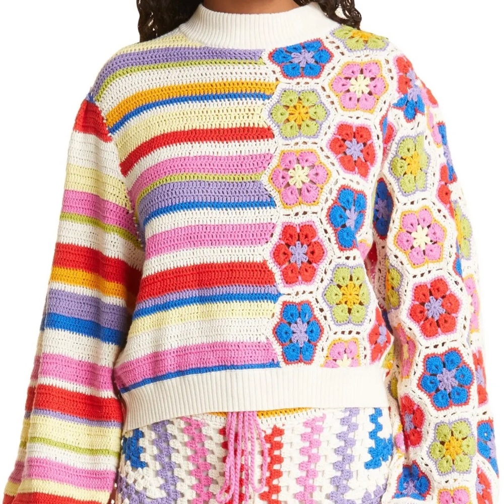FARM RIO Rainbow Crochet Squares Sweater size small
